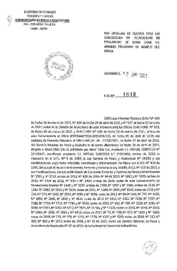 Res. Ex. N° 1849-2021 Fija densidad de cultivo para las concesiones de acuicultura de Titularidad de Mowi Chile S.A.(Con Informe Técnico) (Publicado en Página Web 22-06-2021)