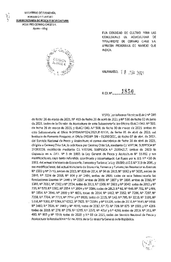 Res. Ex. N° 1850-2021 Fija densidad de cultivo para las concesiones de acuicultura de Titularidad de Cermaq Chile S.A.(Con Informe Técnico) (Publicado en Página Web 22-06-2021)