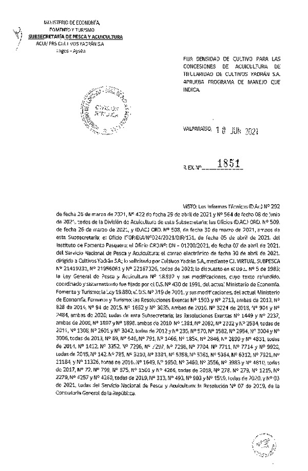 Res. Ex. N° 1851-2021 Fija densidad de cultivo para las concesiones de acuicultura de Titularidad de Cultivos Yadrán S.A.(Con Informe Técnico) (Publicado en Página Web 22-06-2021)