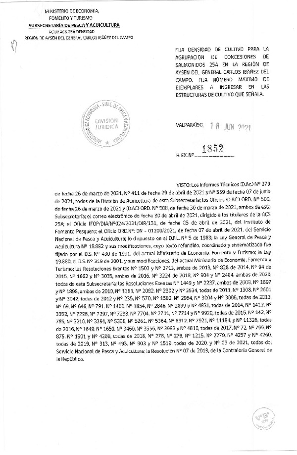 Res. Ex. N° 1852-2021 Fija densidad de cultivo para las agrupación de concesiones de salmónidos 25A en la Región de Aysén.(Con Informe Técnico) (Publicado en Página Web 22-06-2021)