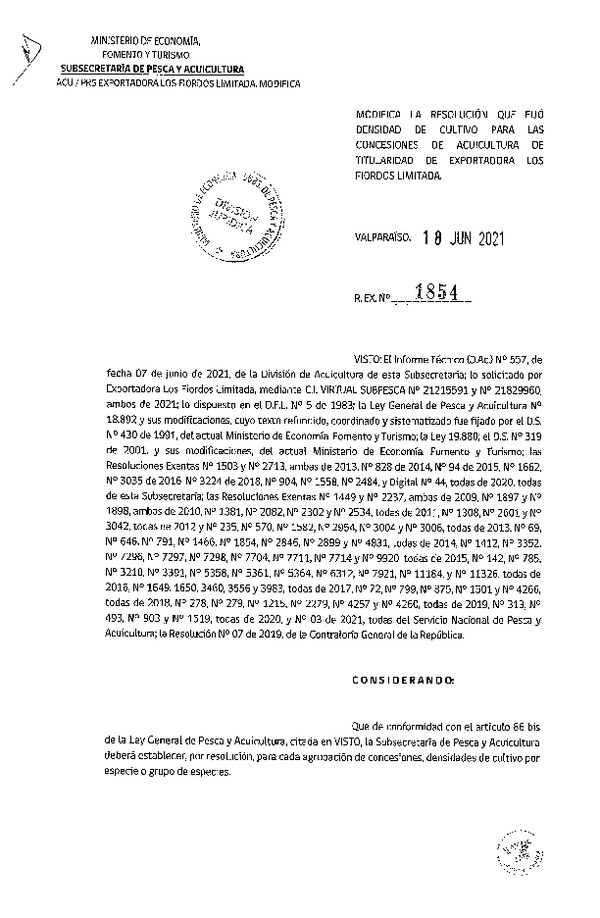 Res. Ex. 1854-2021 Modifica Res. Ex. N° 1558-2020 Fija densidad de cultivo para concesiones de acuicultura de titularidad de Exportadora Los Fiordos Limitada. (Con Informe Técnico) (Publicado en Página Web 22-06-2021)