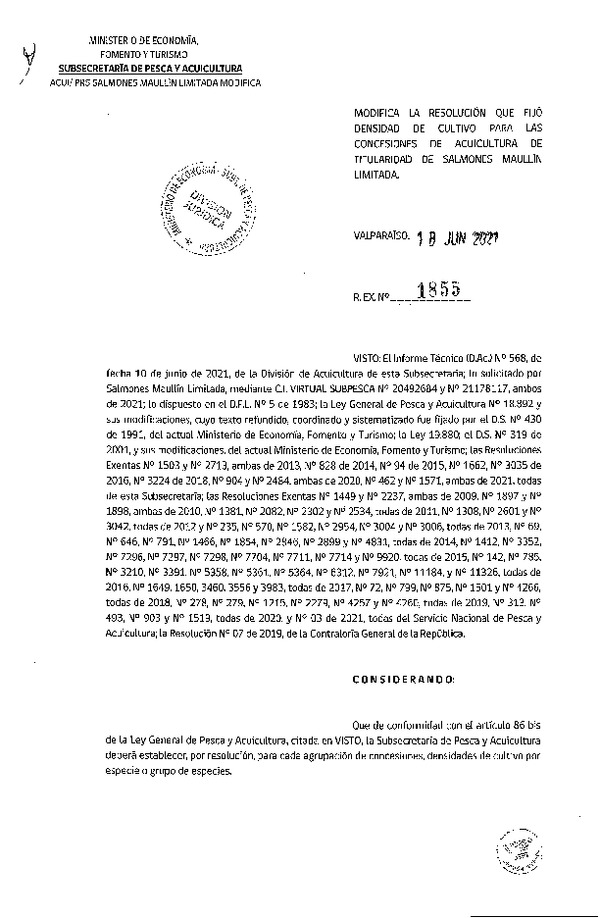 Res. Ex. N° 1855-2021 Modifica Res. Ex N° 462-2021 Fija densidad de cultivo para las concesiones de acuicultura de Salmones Maullín Limitada (Con Informe Técnico) (Publicado en Página Web 22-06-2021).