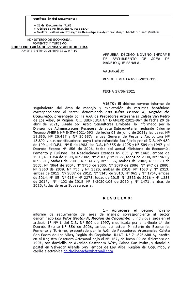 RESOL. EXENTA Nº E-2021-332 Aprueba 19° Seguimiento. (Publicado en Página Web 22-06-2021)