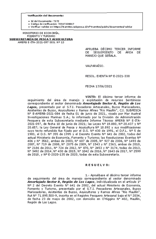 RESOL. EXENTA Nº E-2021-338 Aprueba 13° Seguimiento. (Publicado en Página Web 22-06-2021)