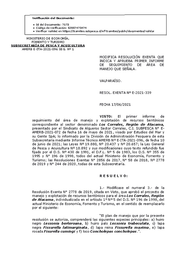 RESOL. EXENTA Nº E-2021-339 Modifica Resolución que indica. Aprueba 1° Seguimiento. (Publicado en Página Web 22-06-2021)