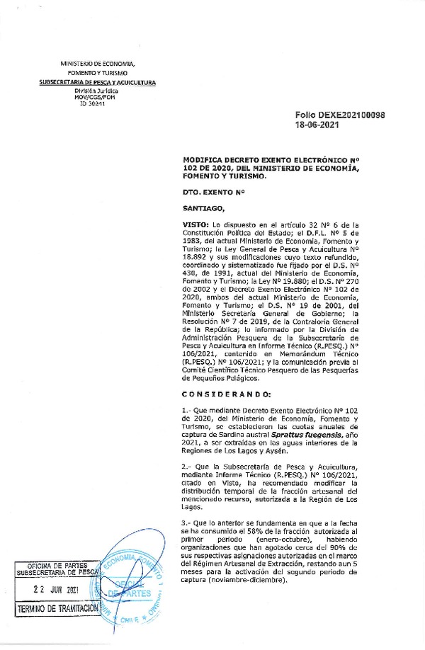 Dec. Ex. Folio 202100098 Modifica Dec. Ex. Folio 202000102 Establece Cuotas Anuales de Captura para el Recurso Sardina Austral en las Aguas Interiores Regiones de Los Lagos y Aysén, Año 2021. (Publicado en Página Web 22-06-2021)