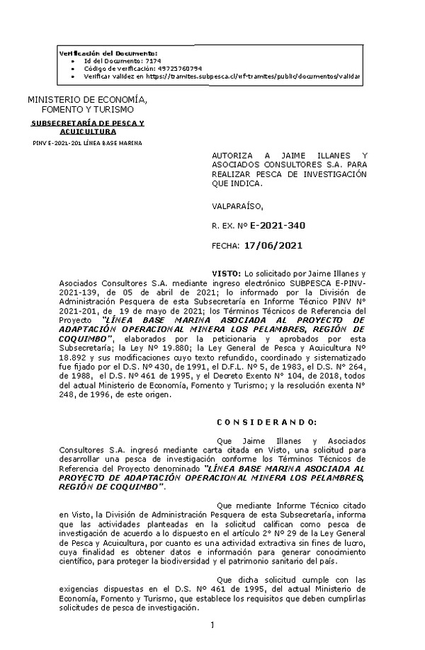 R. EX. Nº E-2021-340 LÍNEA BASE MARINA ASOCIADA AL PROYECTO DE ADAPTACIÓN OPERACIONAL MINERA LOS PELAMBRES, REGIÓN DE COQUIMBO. (Publicado en Página Web 23-06-2021)