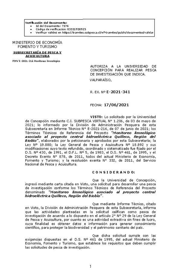 R. EX. Nº E-2021-341 Monitoreo limnológico asociado al proyecto central hidroeléctrica Quilleco, Región del Biobío. (Publicado en Página Web 23-06-2021)