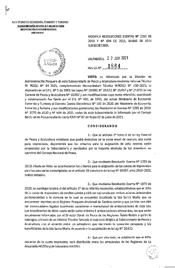 Res. Ex. N° 1864-2021 Modifica Res. Ex. N° 1355-2019 y N° 694-2021 Criterios para la Asignación de la Cuota para Imprevistos del Artículo 3° de la Ley General de Pesca y Acuicultura Años 2019 a 2021. (Publicado en Página Web 23-06-2021)