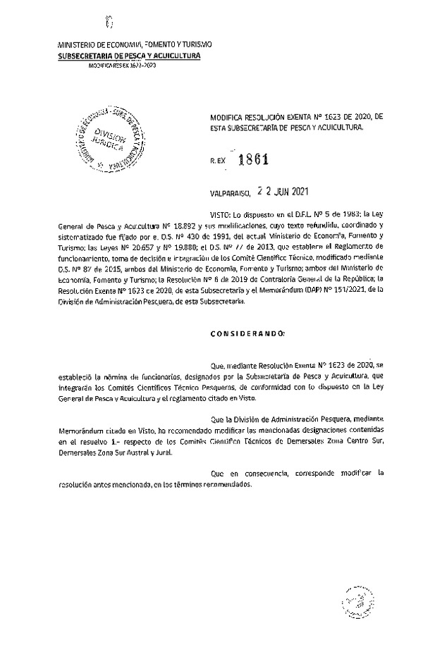 Res. Ex. N° 1861-2021 Modifica Res. Ex. N° 1623-2020 que Estableció Nómina de Funcionarios Designados a Comités Científicos Técnico Pesquero que Señala. (Publicado en Página Web 23-06-2021)