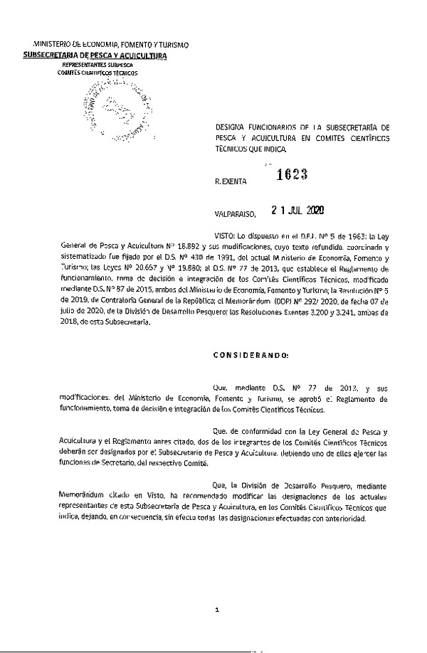 Ex. N° 1623-2020 que Estableció Nómina de Funcionarios Designados a Comités Científicos Técnico Pesquero que Señala. (Publicado en Página Web 23-06-2021)