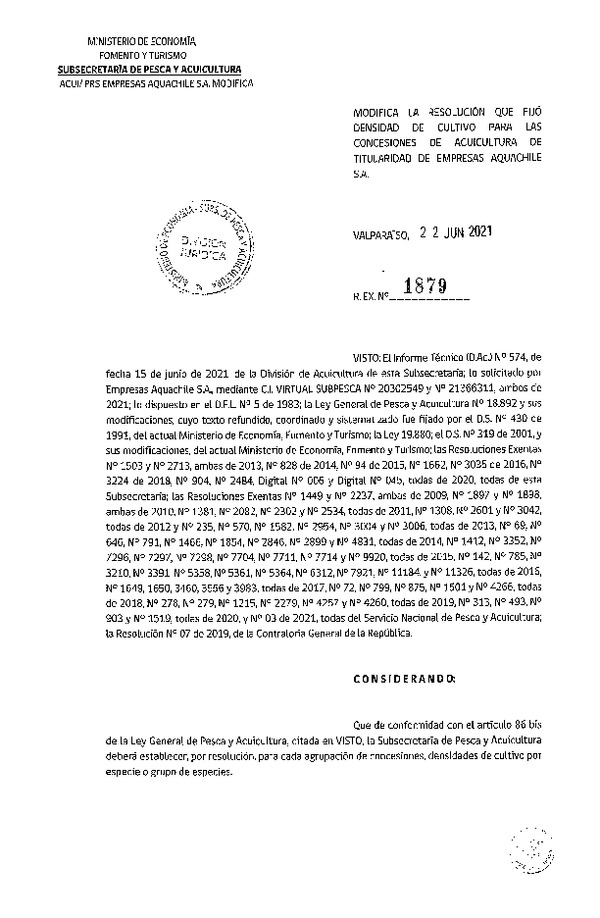 Res. Ex. N° 1879-2021 Modifica Res. Ex. DIG N° 006-2020 Fija densidad de cultivo para concesiones de acuicultura de titularidad de Empresas Aquachile S.A. (Publicado en Página Web 24-06-2021)