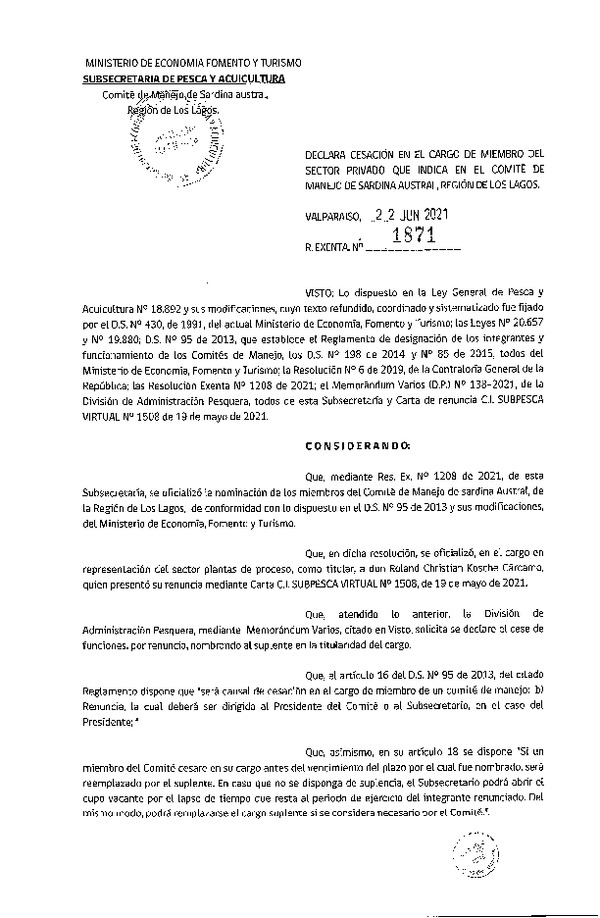 Res. Ex. N° 1871-2021 Declara Cesación en el cargo de Miembro del Sector Privado que Indica en el Comité de Manejo de Sardina Austral, Región de Los Lagos. (Publicado en Página Web 24-06-2021)