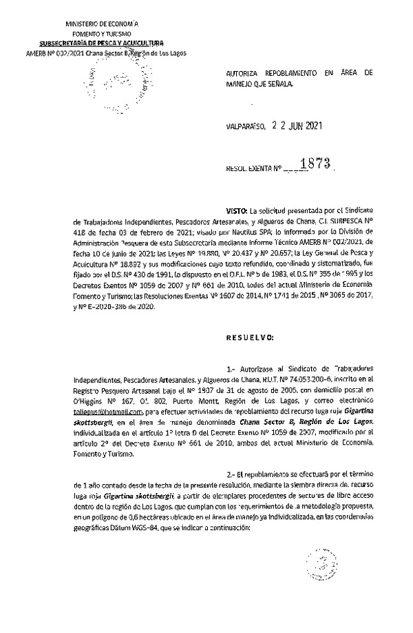 Res. Ex. N° 1873-2021 Autoriza repoblamiento en área de manejo que señala. (Publicado en Página Web 24-06-2021)