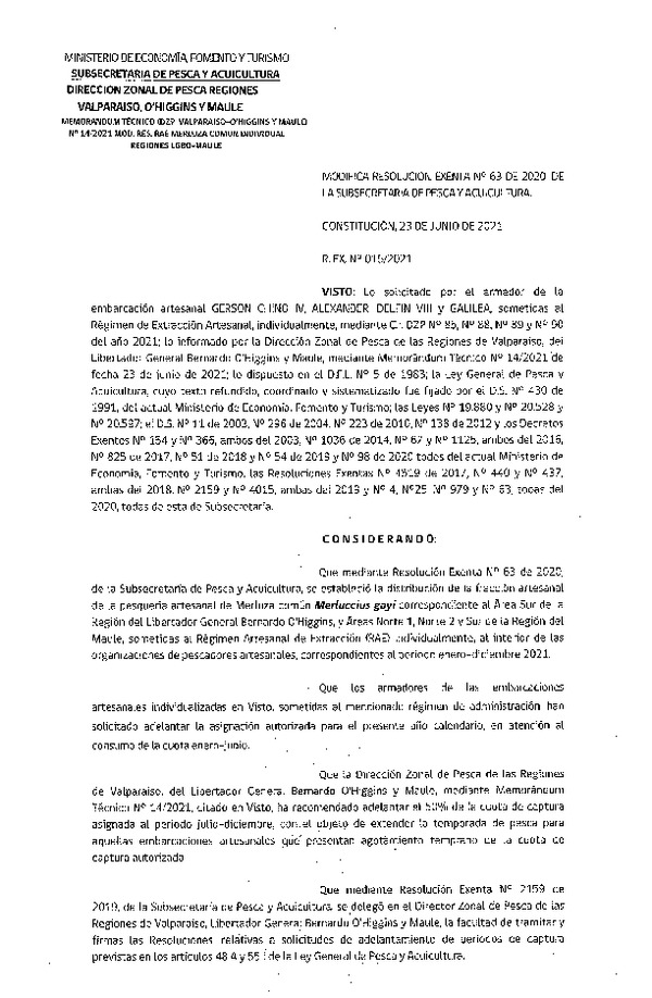 Res. Ex. N° 015-2021 (DZP Regiones de Valparaíso -O'Higgins y Maule) Modifica Res. Ex. DIG N° 63-2020 Distribución de la Fracción Artesanal de Pesquería de Merluza común Individual, Región del Maule. (Publicado en Página Web 25-06-2021)