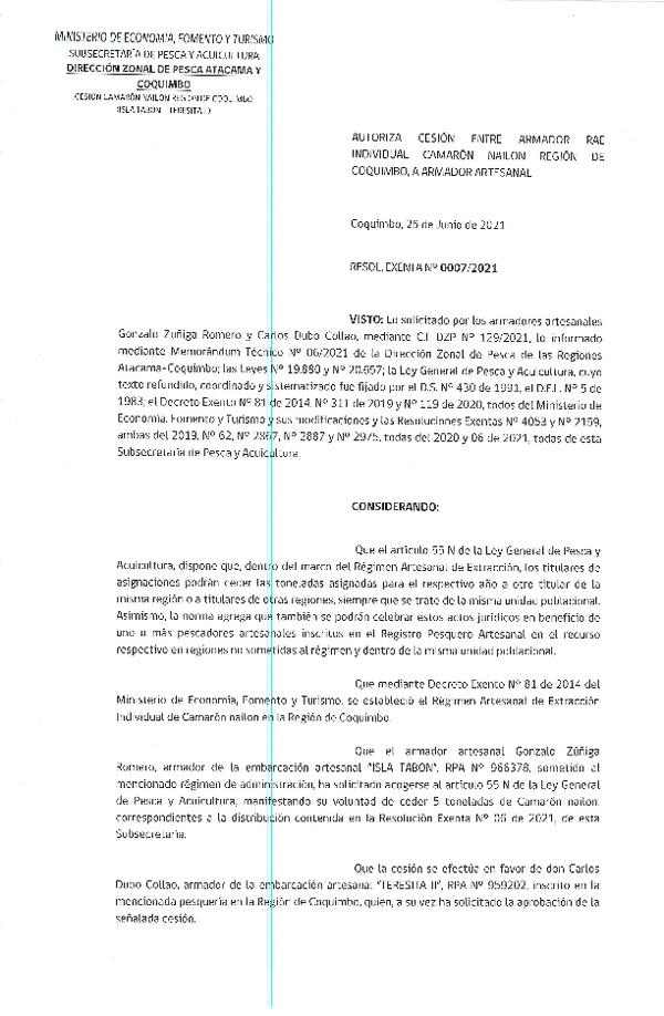Res. Ex. N° 0007-2021 (DZP Atacama y Coquimbo) Autoriza cesión Camarón nailon, Región de Coquimbo. (Publicado en Página Web 25-06-2021)