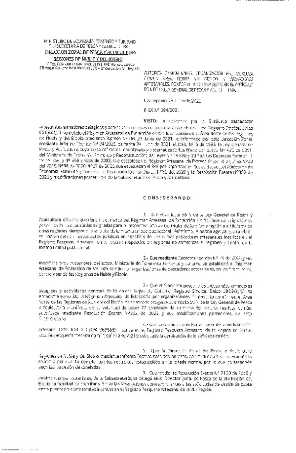 Res. Ex. N° 084-2021 (DZP Ñuble y del Biobío) Autoriza cesión Merluza Común. (Publicado en Página Web 25-06-2021)