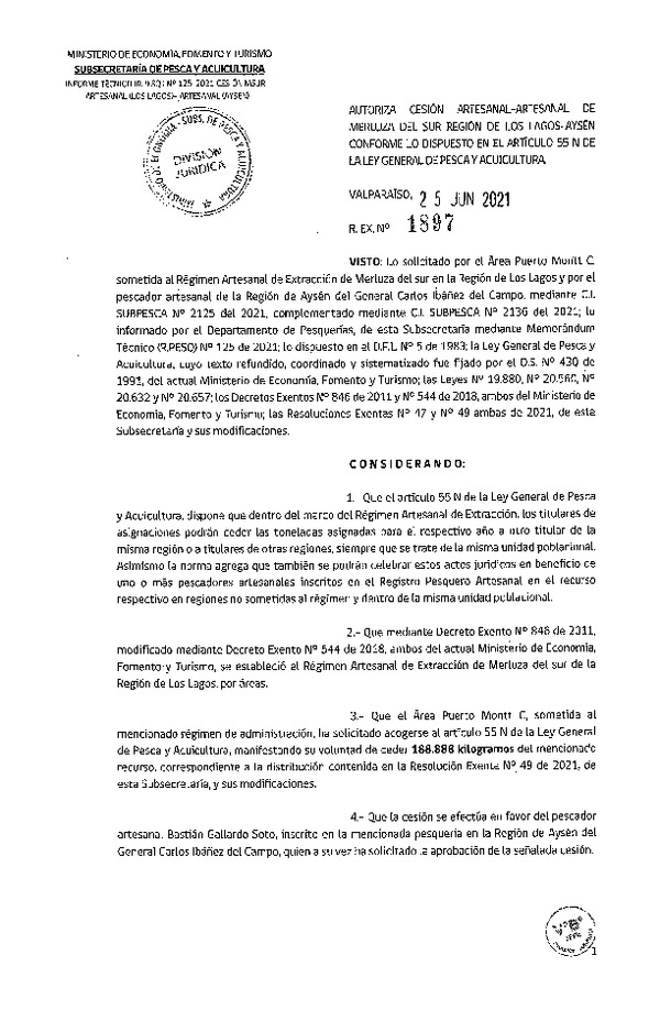 Res. Ex. N° 1897-2021 Autoriza Cesión de Merluza del sur Regiones de Los Lagos - Aysén. (Publicado en Página Web 25-06-2021).