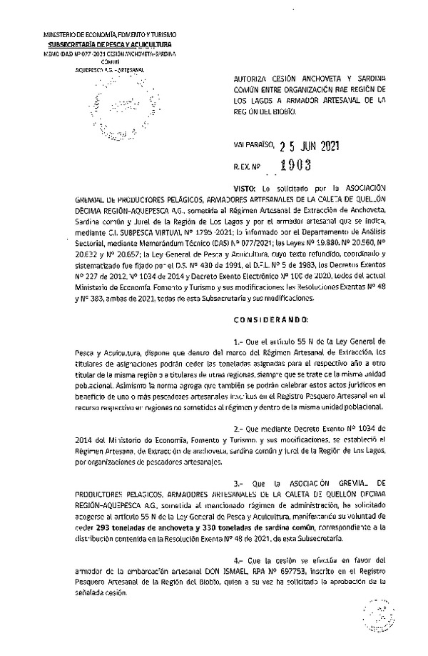 Res. Ex. N° 1903-2021 Autoriza Cesión Anchoveta y Sardina común, Región de Los Lagos a Ñuble-Biobío. (Publicado en Página Web 25-06-2021)