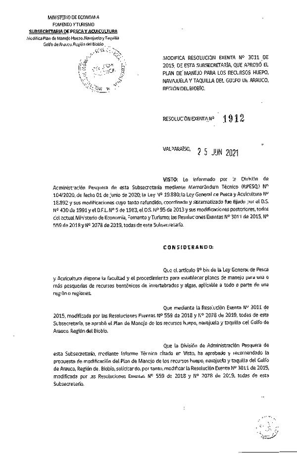 Res. Ex. N° 1912-2021 Modifica Res. Ex. N° 3011-2015, de esta Subsecretaría, que aprobó el Plan de Manejo para los recursos Huepo, Navajuela y Taquilla del Golfo de Arauco, Región del Biobío. (Publicado en Página Web 25-06-2021)