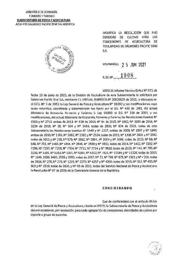 Res. Ex. N° 1908-2021 Modifica Res. Ex. N° 38-2020 Fija densidad de cultivo para concesiones de acuicultura de titularidad. (Publicado en Página Web 25-06-2021)