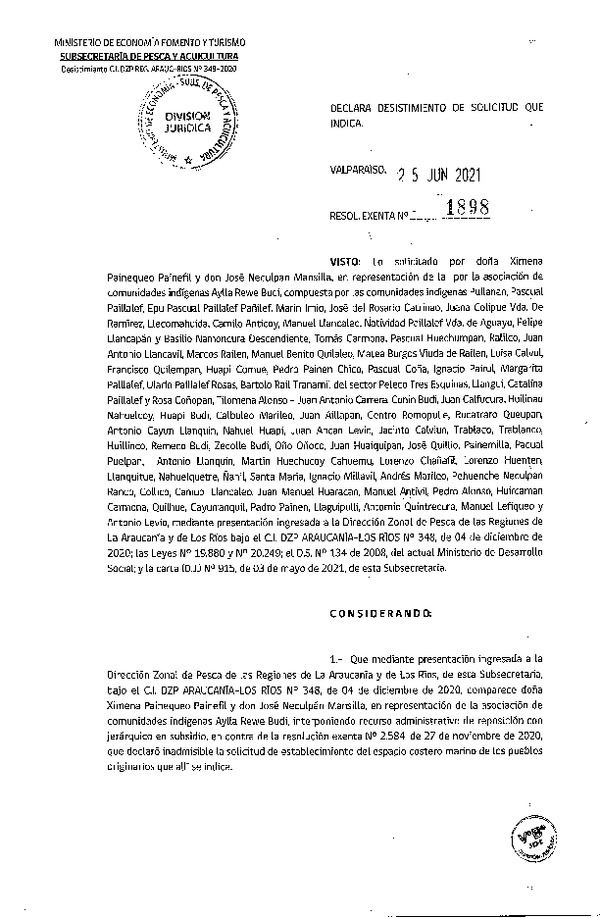 Res. Ex. N° 1898-2021 Declara desistimiento de solicitud se indica. (Publicado en Página Web 25-06-2021)