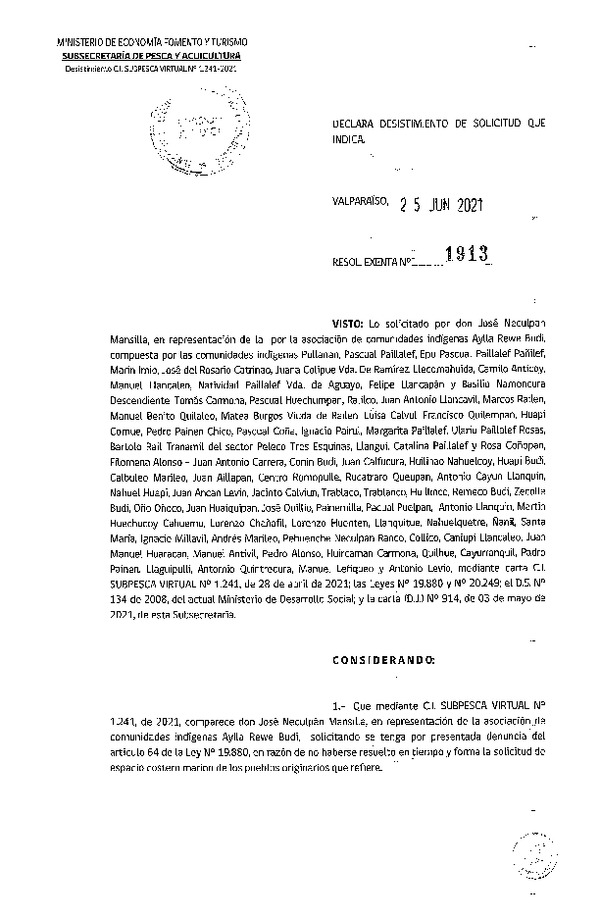 Res. Ex. N° 1913-2021 Declara desistimiento de solicitud se indica. (Publicado en Página Web 25-06-2021)