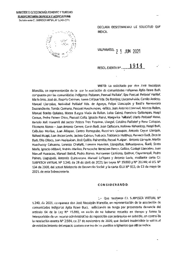 Res. Ex. N° 1914-2021 Declara desistimiento de solicitud se indica. (Publicado en Página Web 25-06-2021)