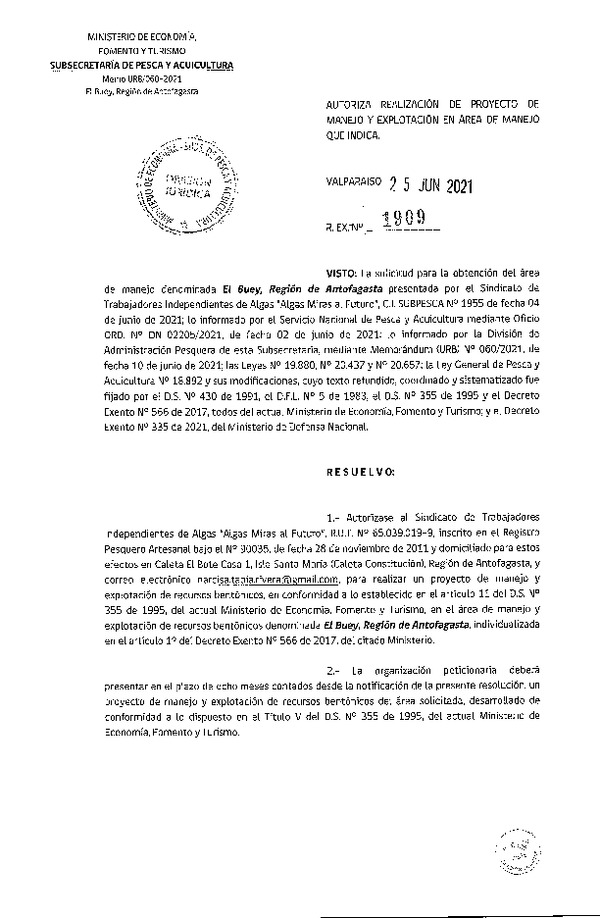 Res. Ex. N° 1909-2021 Autoriza Proyecto de Manejo. (Publicado en Página Web 29-06-2021)