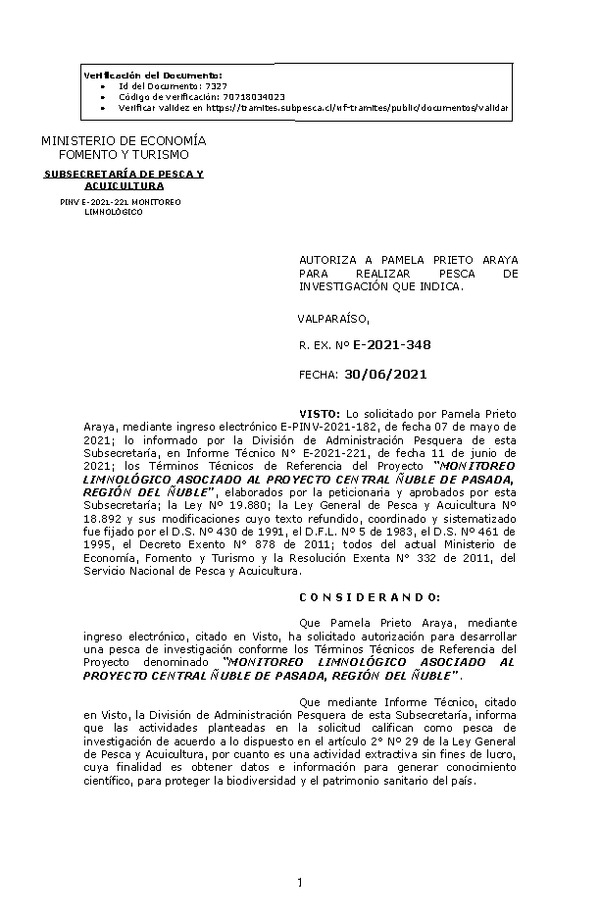 R. EX. Nº E-2021-348 MONITOREO LIMNOLÓGICO ASOCIADO AL PROYECTO CENTRAL ÑUBLE DE PASADA, REGIÓN DEL ÑUBLE. (Publicado en Página Web 01-07-2021)