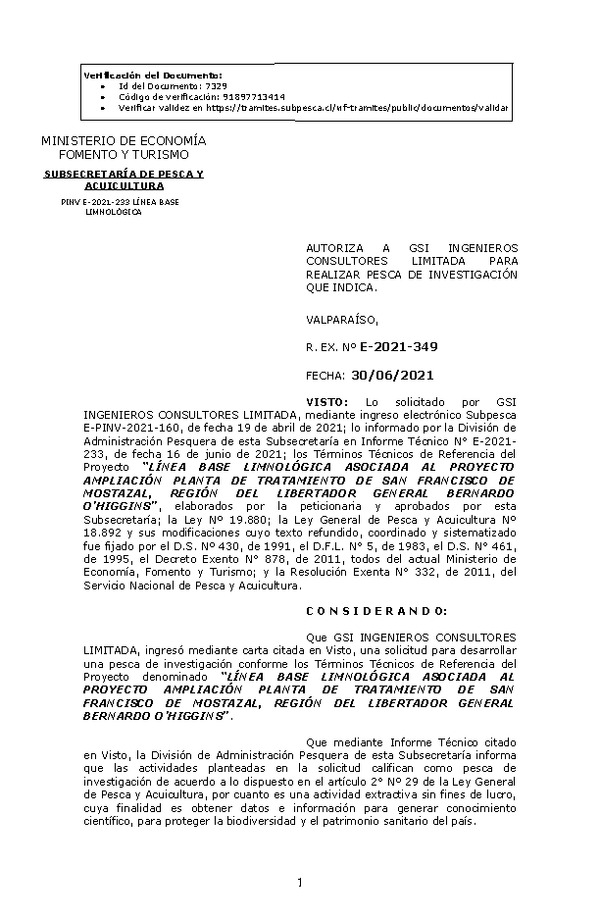 R. EX. Nº E-2021-349 LÍNEA BASE LIMNOLÓGICA ASOCIADA AL PROYECTO AMPLIACIÓN PLANTA DE TRATAMIENTO DE SAN FRANCISCO DE MOSTAZAL, REGIÓN DEL LIBERTADOR GENERAL BERNARDO O’HIGGINS. (Publicado en Página Web 01-07-2021)