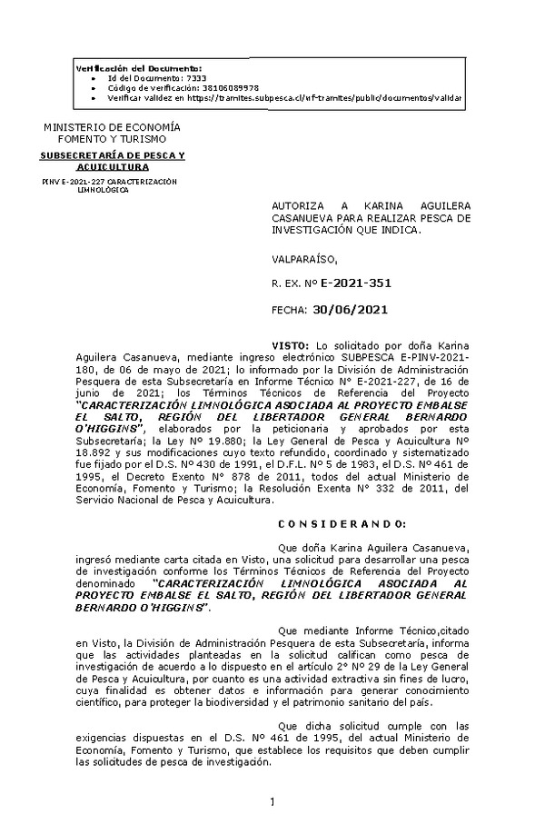 R. EX. Nº E-2021-351 CARACTERIZACIÓN LIMNOLÓGICA ASOCIADA AL PROYECTO EMBALSE EL SALTO, REGIÓN DEL LIBERTADOR GENERAL BERNARDO O’HIGGINS. (Publicado en Página Web 01-07-2021)