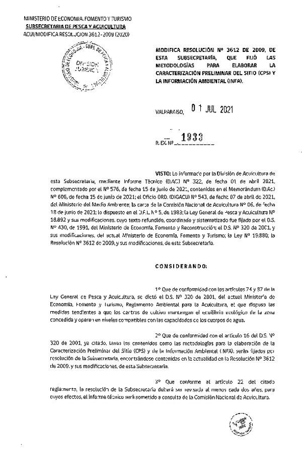 Res. Ex. N° 1933-2021 Modifica Res. Ex. N° 3612 de 2009, de esta Subsecretaría que fijó las metodologías para elaborar la caracterización preliminar del sitio (CPS) y la información ambiental. (Publicado en Página Web 02-07-2021)