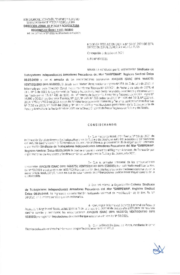 Res. Ex. N° 087-2021 (DZP Ñuble y del Biobío)  Modifica Res. Ex. N° 058-2021 (DZP Ñuble y del Biobío) Autoriza cesión Sardina Común y Anchoveta Región de Ñuble-Biobío (Publicado en Página Web 05-07-2021)