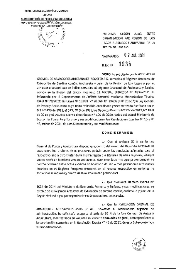 Res. Ex. N° 1935-2021 Autoriza Cesión Anchoveta y Sardina común, Región de Los Lagos a Ñuble-Biobío. (Publicado en Página Web 05-07-2021)