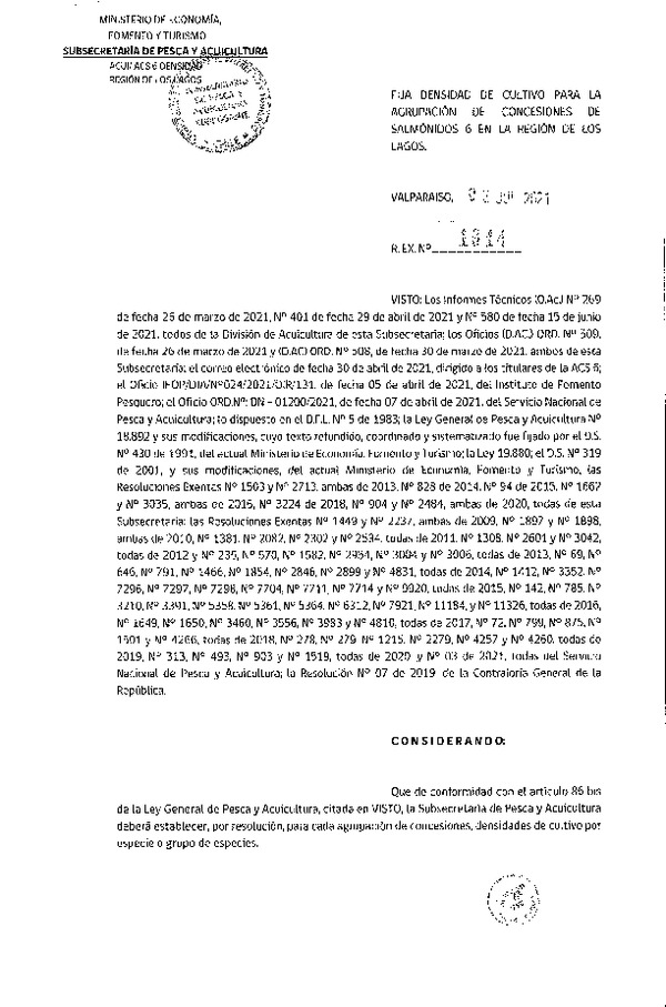 Res. Ex. N° 1944-2021 Fija densidad de cultivo para las agrupación de concesiones de salmónidos 6 en la Región de Los Lagos.(Con Informe Técnico) (Publicado en Página Web 06-07-2021)