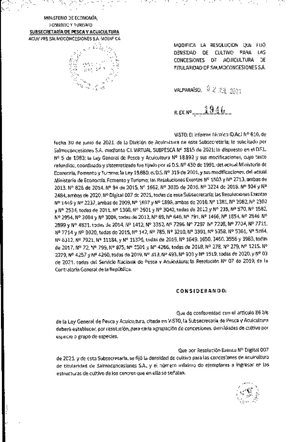 Res. Ex. N° 1946-2021 Modifica Res. Ex. DIG N° 007-2020 Fija densidad de cultivo para concesiones de acuicultura de titularidad de Salmoconcesiones S.A. (Publicado en Página Web 06-07-2021)