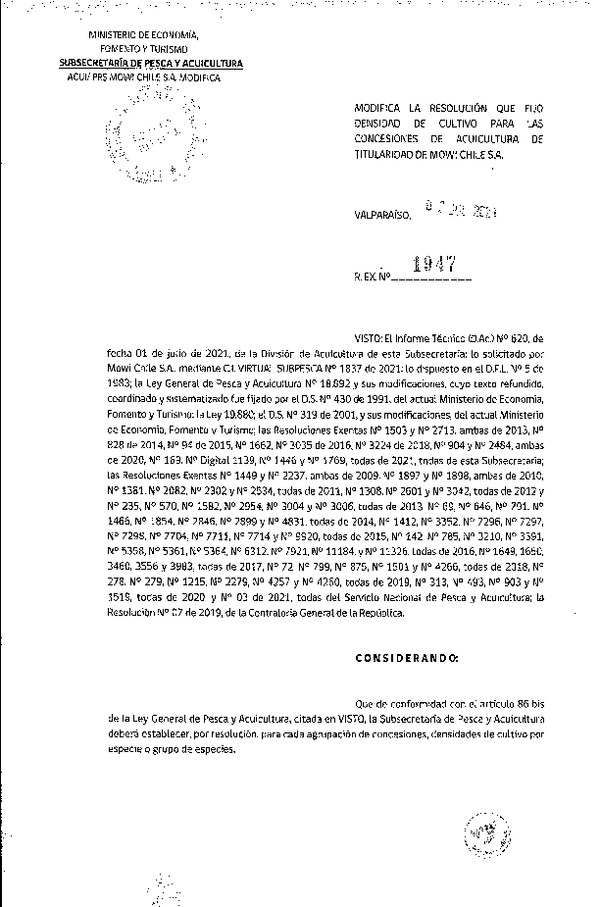 Res. Ex. N° 1947-2021 Modifica Res. Ex. 169-2021 Fija densidad de cultivo para concesiones de acuicultura de Mowi Chile S.A. (Publicado en Página Web 06-07-2021)