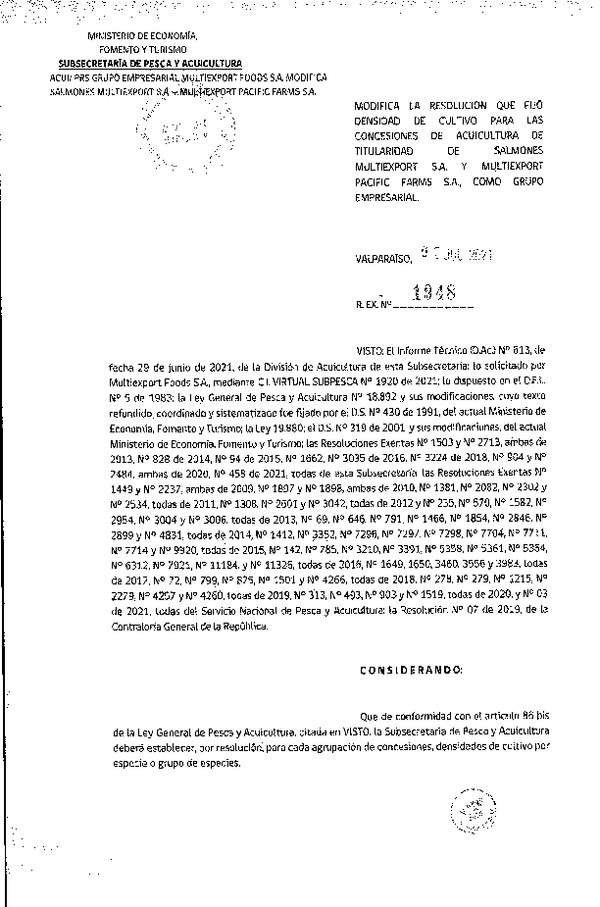 Res. Ex. N° 1948-2021 Modifica Res. Ex N° 458-2021 Fija densidad de cultivo para las concesiones de acuicultura de titularidad de Salmones Multiexport S.A. y Multiexport Pacific Farms S.A., como grupo empresarial. (Con Informe Técnico) (Publicado en Página Web 06-07-2021).