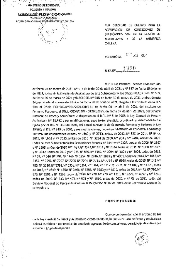 Res. Ex. N° 1950-2021 Fija densidad de cultivo para las agrupación de concesiones de salmónidos 50A en la Región de Magallanes y de La Antártica Chilena.(Con Informe Técnico) (Publicado en Página Web 06-07-2021)