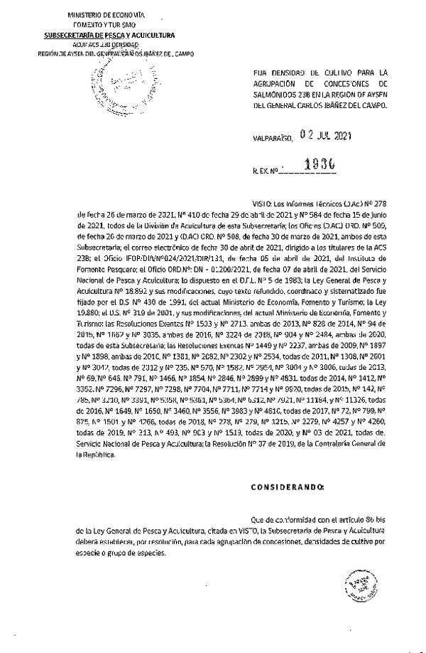 Res. Ex. N° 1936-2021 Fija densidad de cultivo para las agrupación de concesiones de salmónidos 23B en la Región de Aysén.(Con Informe Técnico) (Publicado en Página Web 06-07-2021)