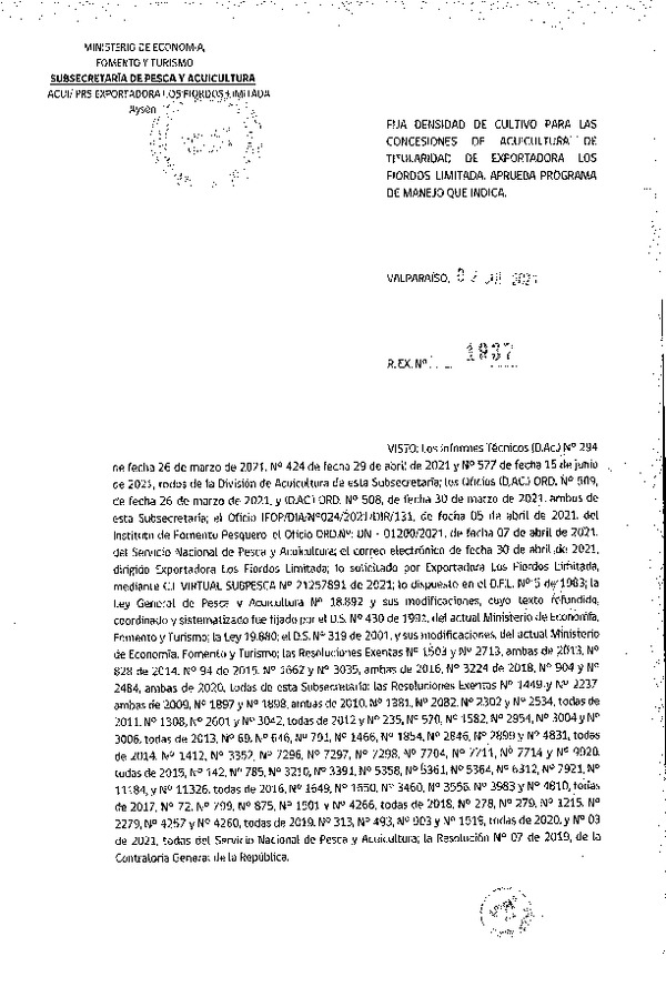 Res. Ex. N° 1937-2021 Fija densidad de cultivo para las concesiones de acuicultura de titularidad de Exportadora Los Fiordos Limitada, Región de Aysén.(Con Informe Técnico) (Publicado en Página Web 06-07-2021)