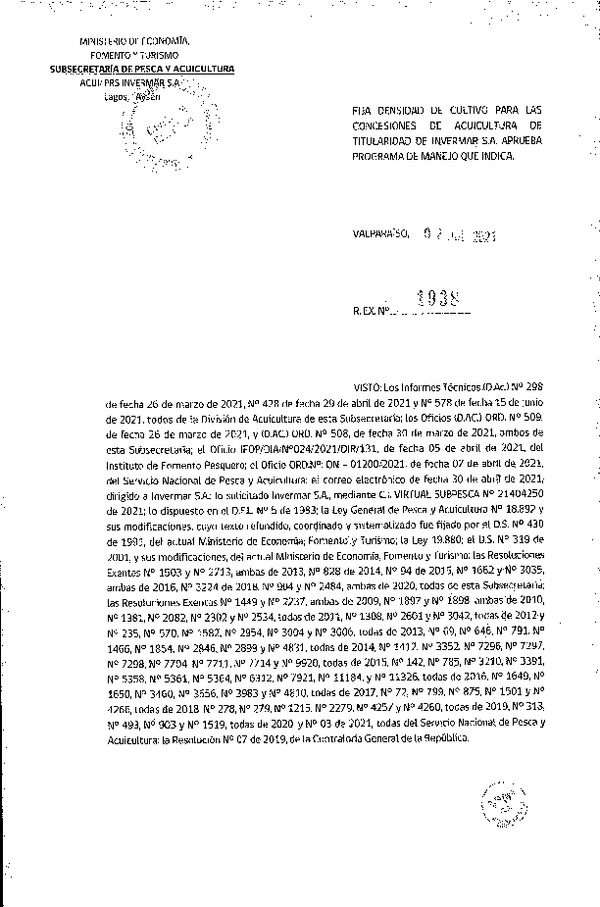 Res. Ex. N° 1938-2021 Fija densidad de cultivo para las concesiones de acuicultura de titularidad de Invermar S.A., Región de Los Lagos y Aysén.(Con Informe Técnico) (Publicado en Página Web 06-07-2021)