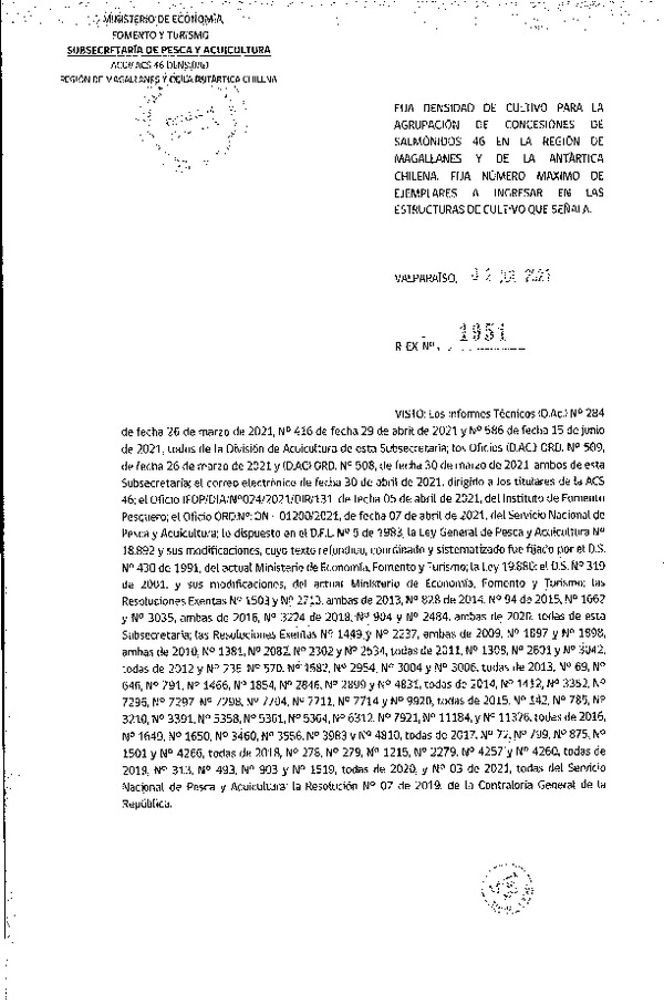 Res. Ex. N° 1951-2021 Fija densidad de cultivo para las agrupación de concesiones de salmónidos 46 en la Región de Magallanes y de La Antártica Chilena.(Con Informe Técnico) (Publicado en Página Web 06-07-2021)