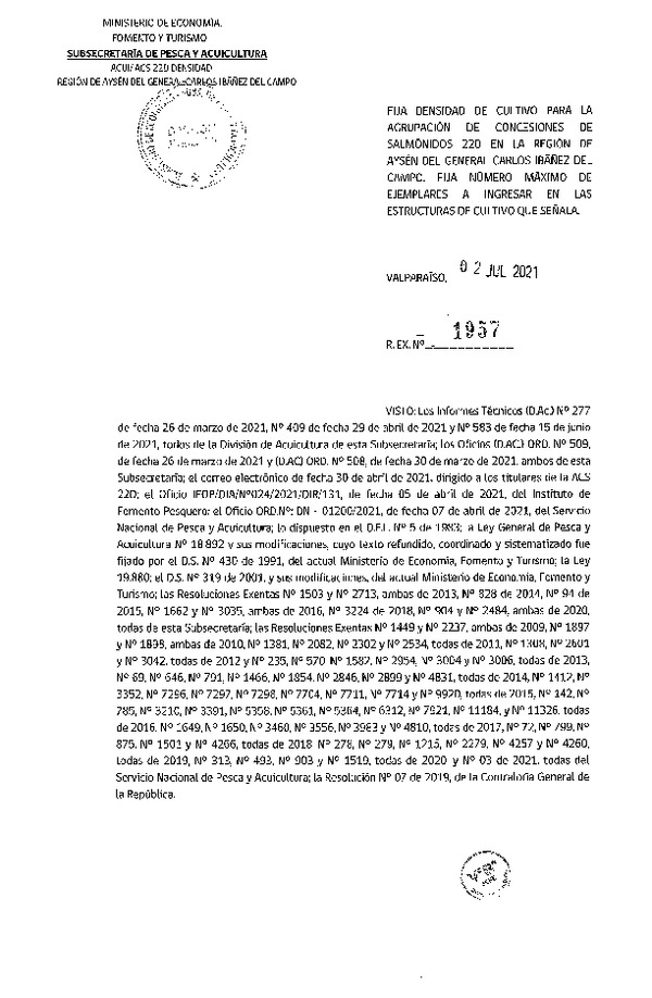 Res. Ex. N° 1957-2021 Fija densidad de cultivo para las agrupación de concesiones de salmónidos 22D en la Región de Aysén. (Con Informe Técnico) (Publicado en Página Web 06-07-2021)