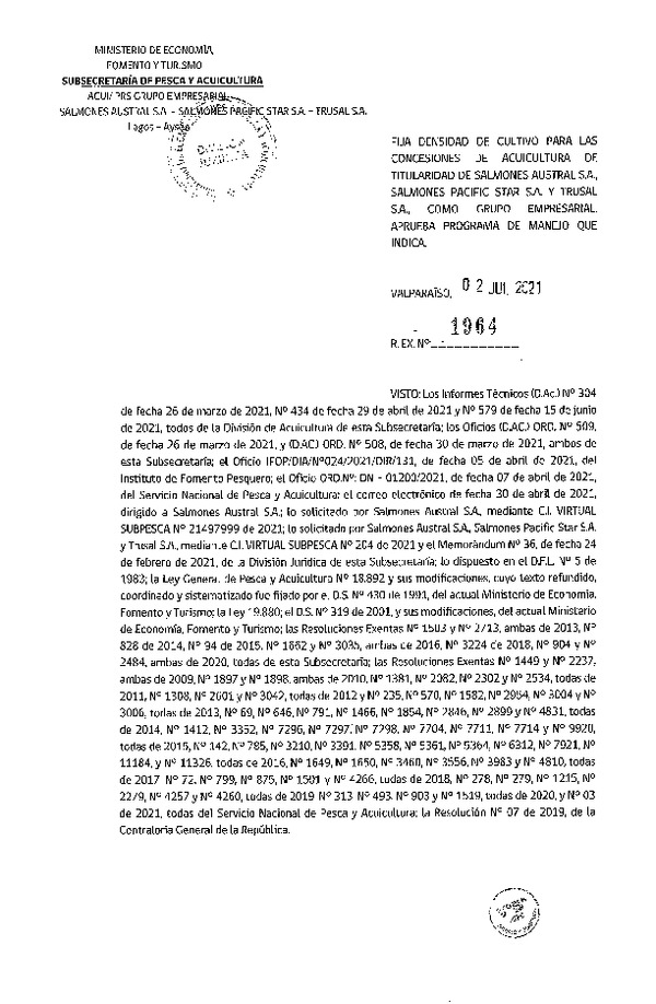 Res. Ex. N° 1964-2021 Fija densidad de cultivo para las concesiones de acuicultura de titularidad de Salmones Austral S.A., Salmones Pacific Star S.A. y trusal S.A. como grupo empresarial Región de Los Lagos y Aysén. (Con Informe Técnico) (Publicado en Página Web 06-07-2021)