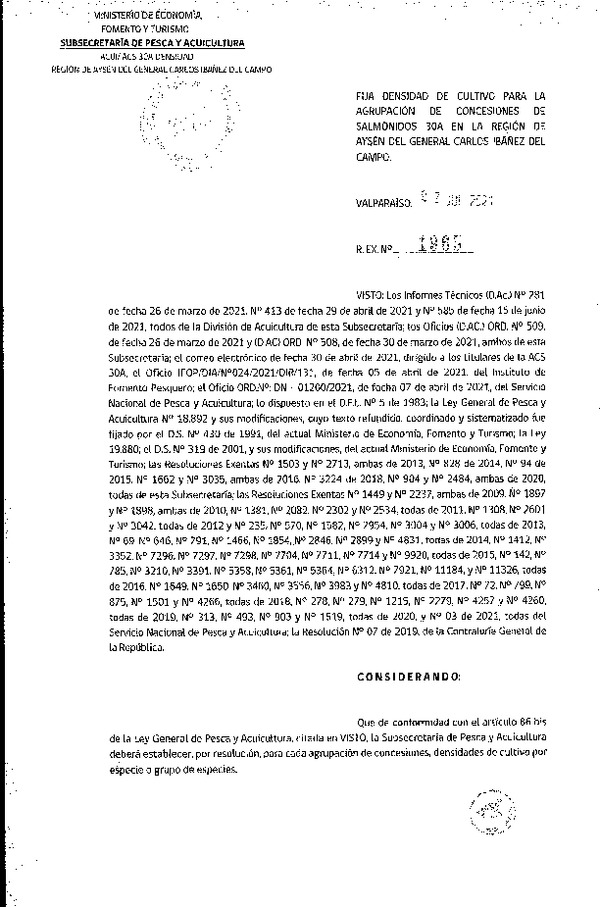 Res. Ex. N° 1965-2021 Fija densidad de cultivo para las agrupación de concesiones de salmónidos 30A en la Región de Aysén. (Con Informe Técnico) (Publicado en Página Web 06-07-2021)