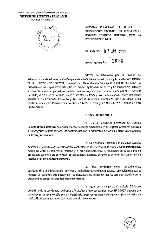 Res. Ex. N° 1973-2021 Autoriza Reemplazo de Número de Inscripciones Vacantes que Indica, en el Registro Pesquero Artesanal para la Pesquería de Reineta. (Publicado en Página Web 09-07-2021)