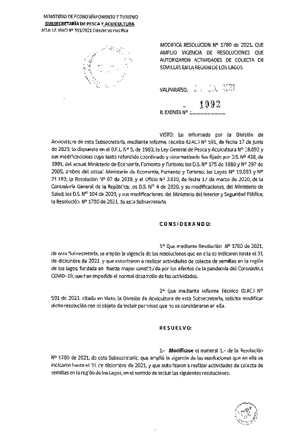 Res. Ex. N° 1992-2021 Modifica Res. Ex. N° 1780-2021 Que Amplió Vigencia de Resoluciones que se Indican y que Autorizaron Actividades de Colecta de Semillas en la Región de Los Lagos. (Publicado en Página Web 09-07-2021)