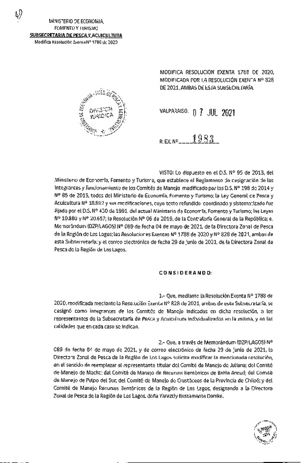 Res. Ex. N° 1983-2021 Modifica Res. Ex. N° 1788-2020 Designa Funcionarios de la Subsecretaría de Pesca y Acuicultura en Comités de Manejo que Indica. (Publicado en Página Web 09-07-2021)